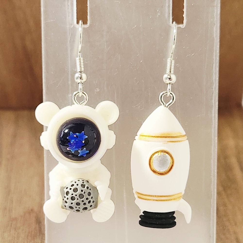 White Astronaut Bear and Rocket Ship Mismatched Drop Earrings Space Theme Gold